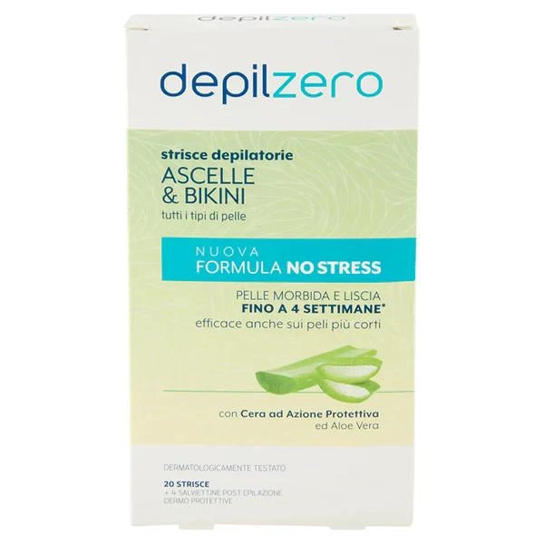 DEPILZERO STRISCE DEPILATORIE ASCELLE E BIKINI CON CERA AD AZIONE PROTETTIVA E ALOE VERA 20PZ