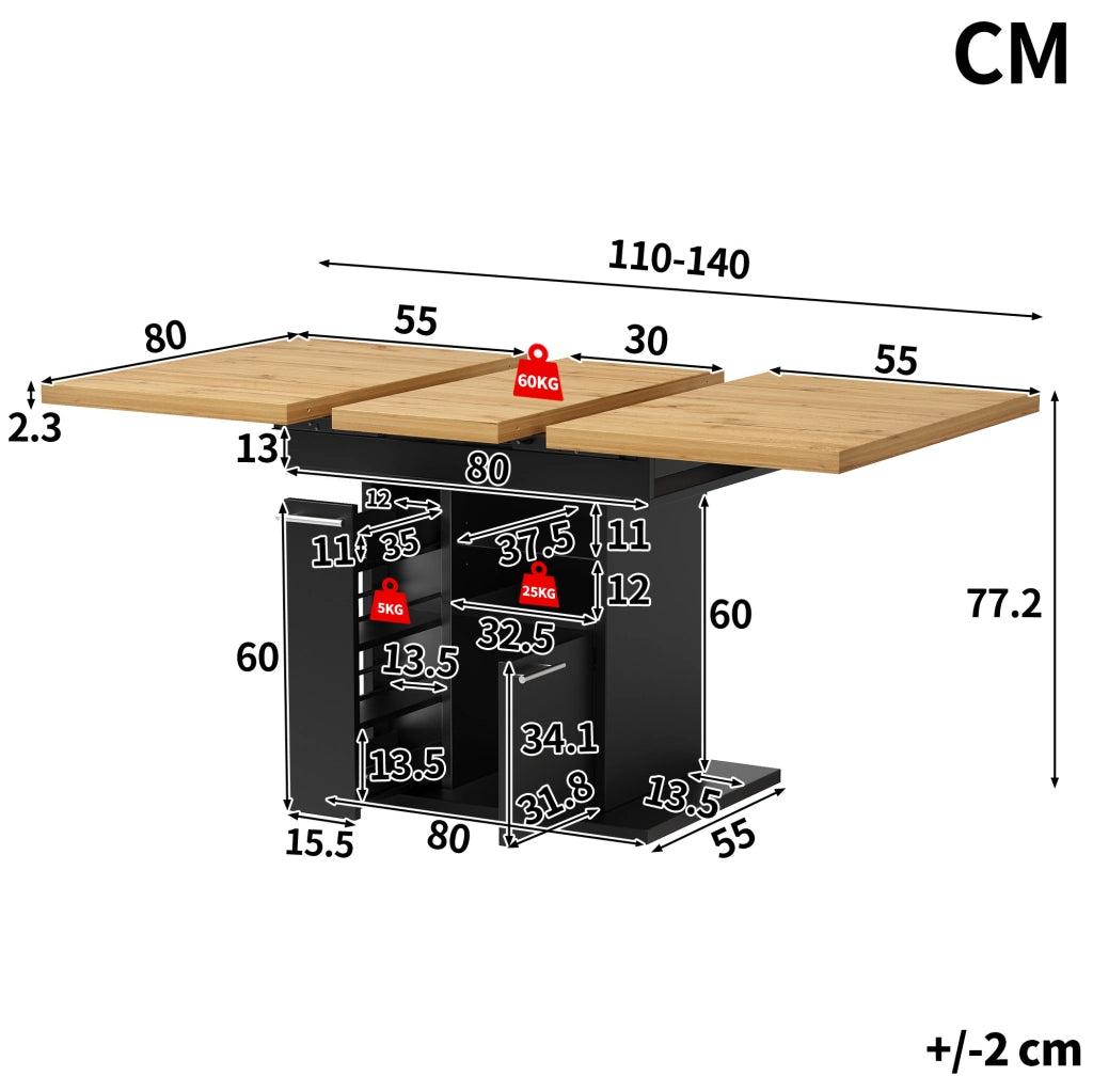 Tavolo da pranzo allungabile 140x80 cm nero – vano contenitore, LED, 4-6 persone