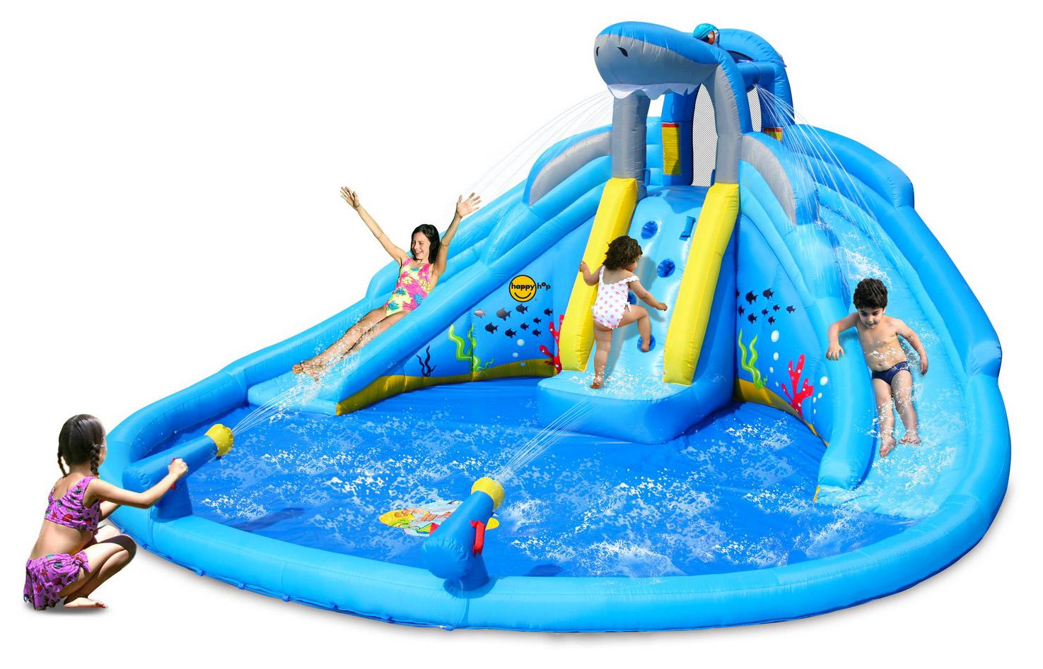 Castello Giostra Gonfiabile Acquatico Shark Splash Center con Pompa Happy Hop