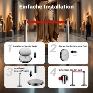 Colonnine tendinastro 320 x 70 x 900 mm, Set 2 paletti delimitatori in acciaio inox con nastro rosso