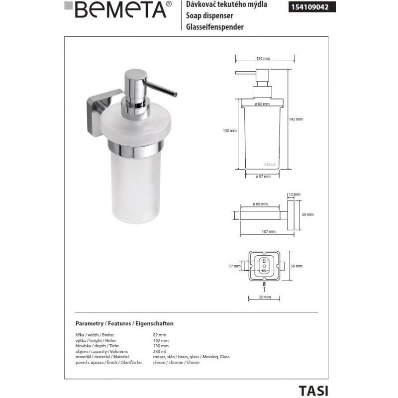 Dispenser di sapone liquido da parete TASI in ottone cromato e vetro / 230 ml