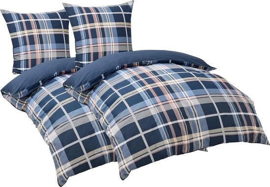 Set di lenzuola a 4 pezzi in cotone, 135 x 200 cm, con 2 coperte e 2 cuscini con copriletti, 80 x 80 cm, con chiusura a zip, tessuto a quadri blu