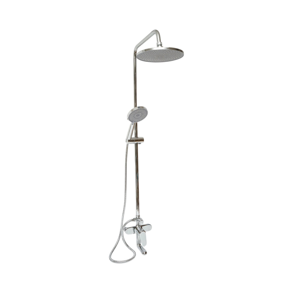 Set doccia multifunzionale da parete con doccetta a mano, bocca per vasca, soffione rotondo, cartuccia in ceramica, finitura cromo lucido.