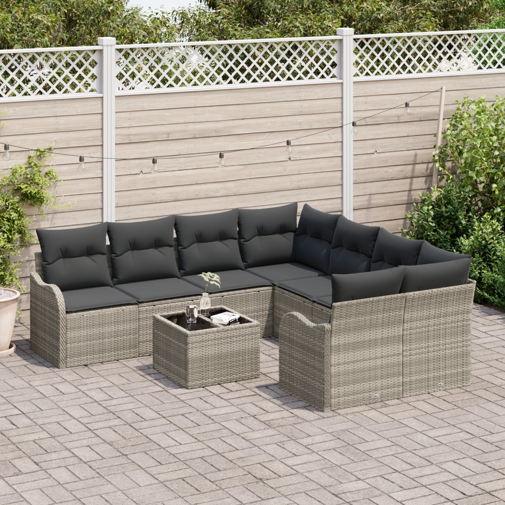 Set di divani da giardino 9 pezzi con cuscini Grigio chiaro Polyrattan