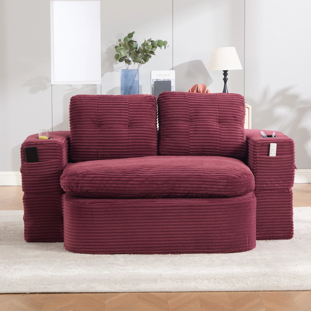 Fauteuil convertible 2 in 1 in cord con doppio portabicchieri, schienale alto e seduta extra profonda vinaccia