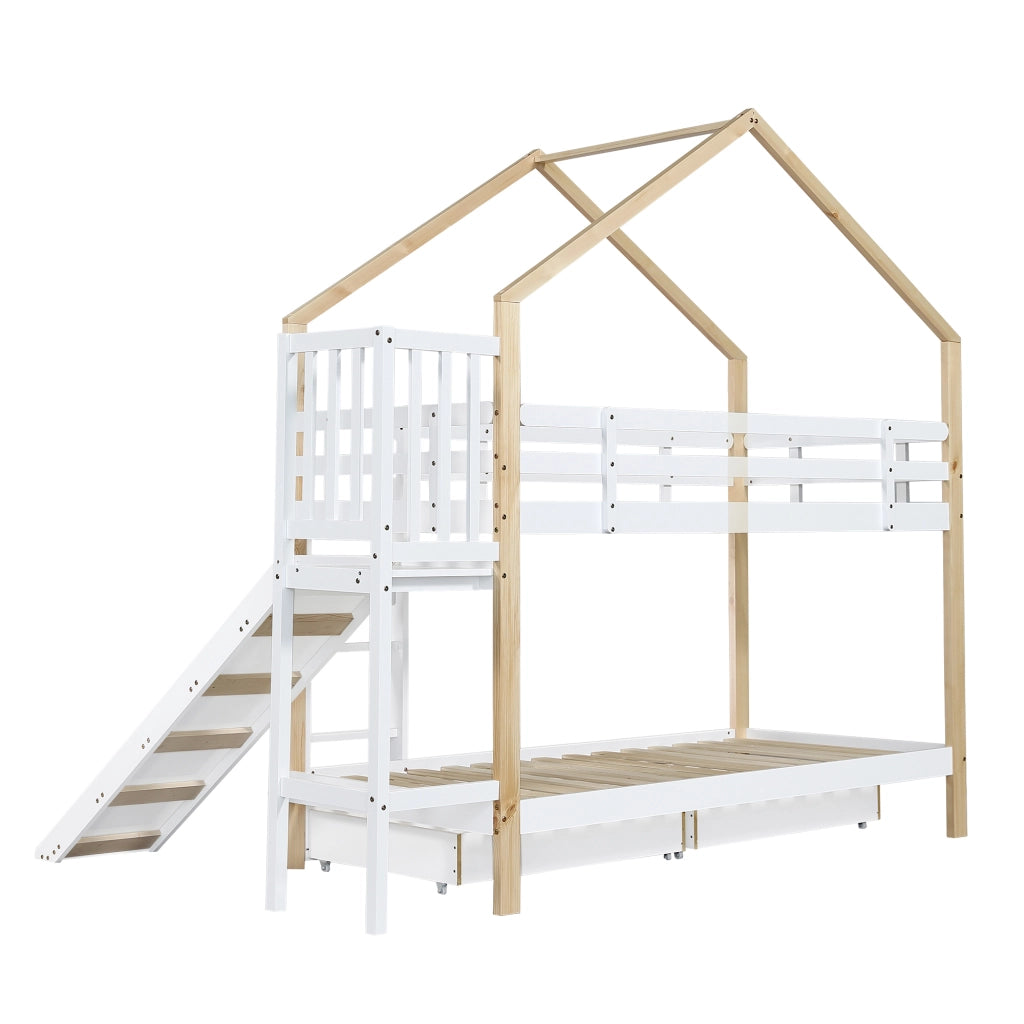 Letto a castello a casetta con scivolo e scaletta; 90x200 cm; bianco e naturale