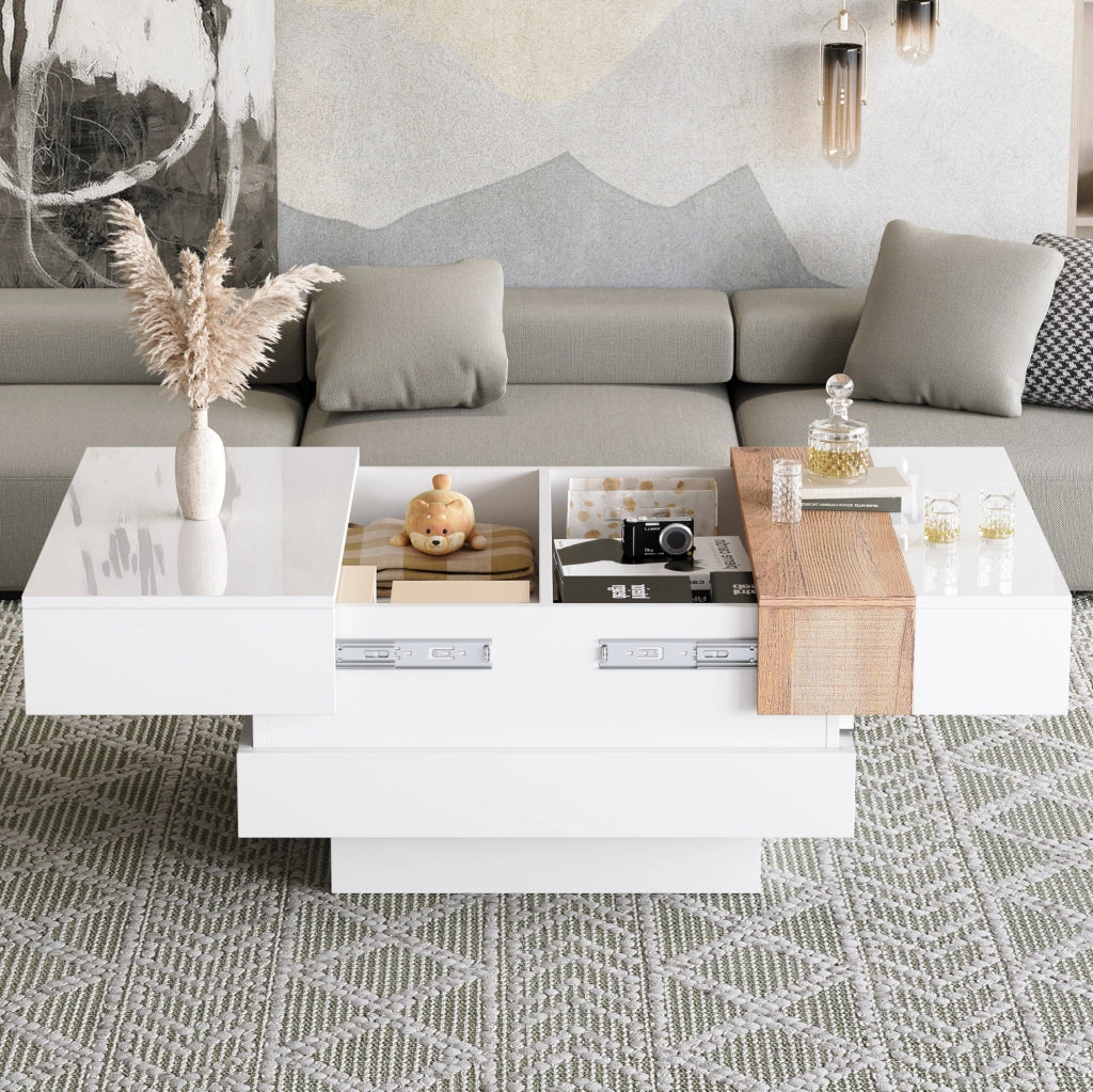 Tavolino da caffè quadrato 70x70x39 cm bianco lucido con piano estraibile e vano contenitore