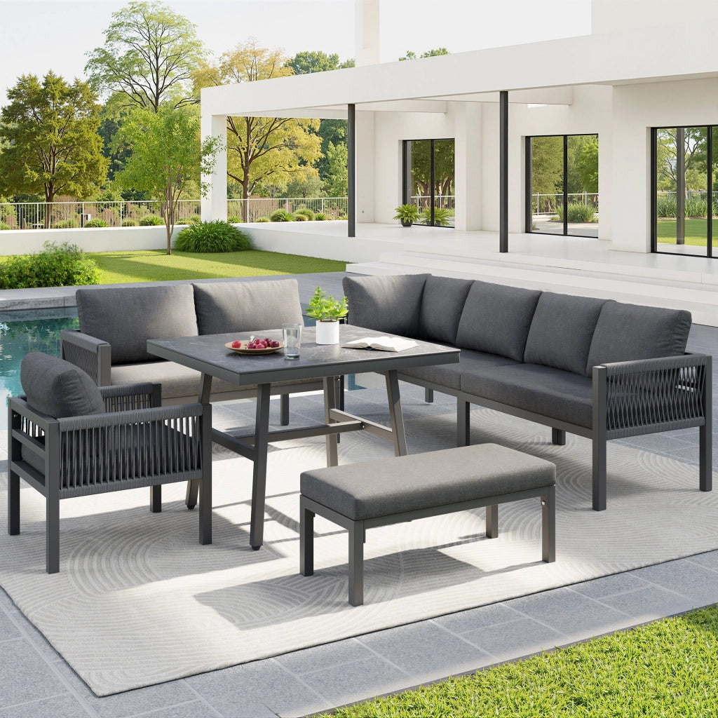 Divanooo giardino intrecciato mano forma L 8 persone: ferro; cuscini grigi; tavolo vetro marmo + 2 poltrone; resistente