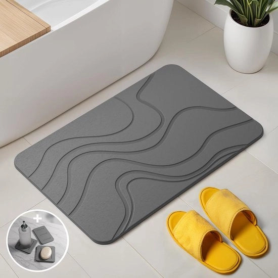 Matte da bagno in pietra per la doccia - Set di mattonelle diatomite antibatteriche e assorbenti 60x39 cm grigio scuro