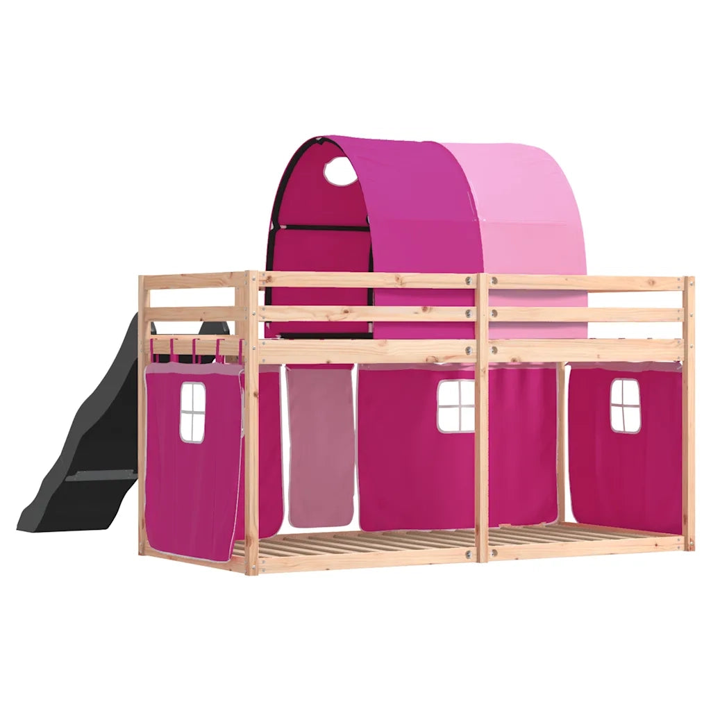 Letto singolo | Letto per adulti | Letto a Castello con Scivolo e Tende Rosa 80x200 cm