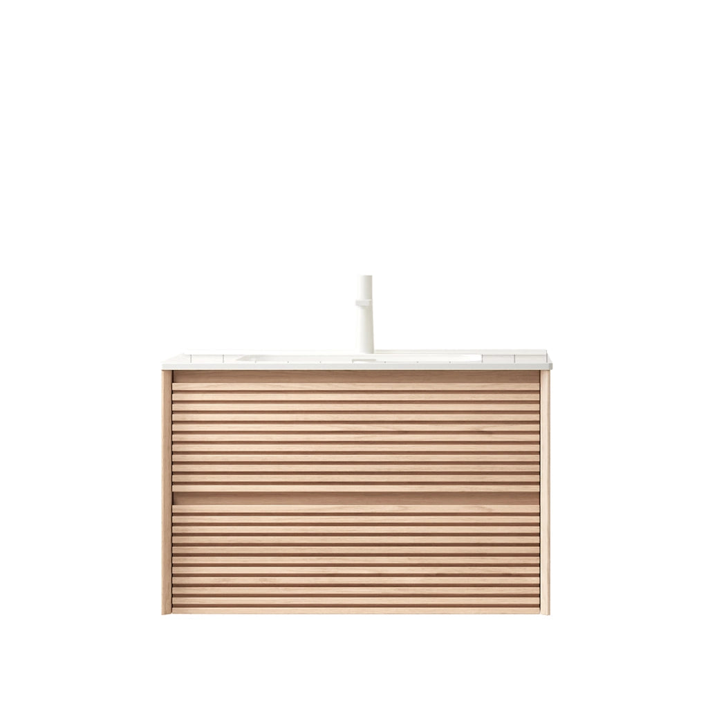 Mobile bagno con lavabo in ceramica e 2 cassetti per bagno; in compensato; bianco e noce; 81×46.5×51.5 cm