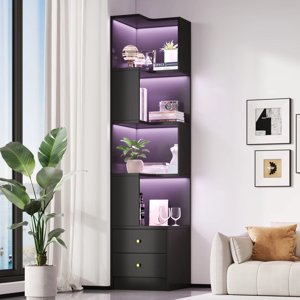 Libreria angolare a L con illuminazione LED controllabile via app, 45 x 43,5 x 180 cm, nero