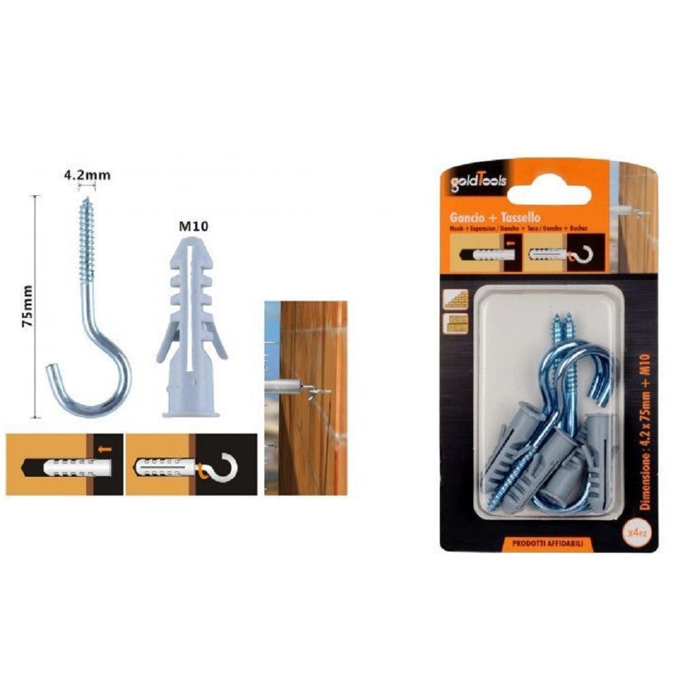 Trade Shop - Set 4 Pezzi Viti Vite A Gancio 4.2x75mm + Tasselli Con Alette Tassello M10 90740 -
