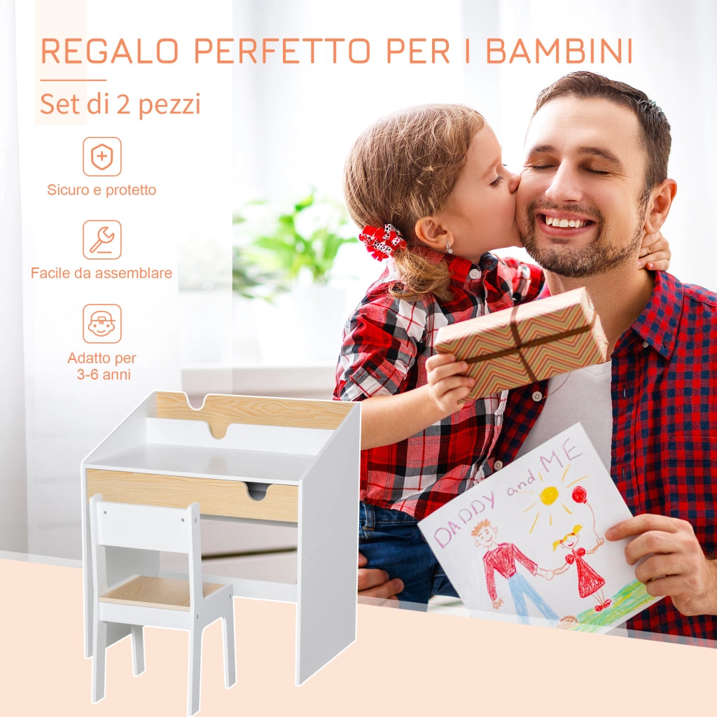 Set Scrivania e Sedia per Bambini con Cassetto e Scaffale, Bordi Arrotondati, Et¨¤ 6-10 Anni, Bianco e Legno