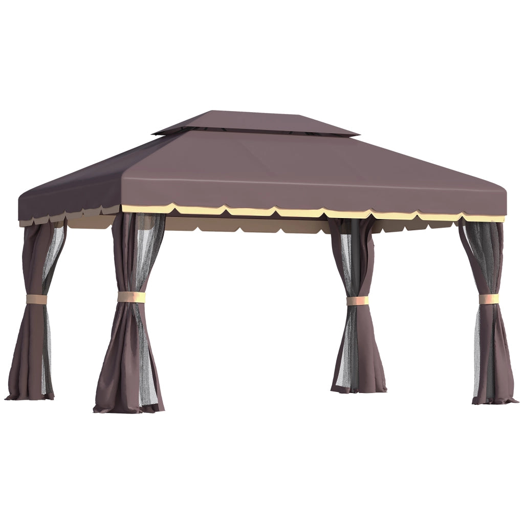 Pavillon da giardino in alluminio e policarbonato con tende e zanzariera coffee 195 × 390 × 290 cm