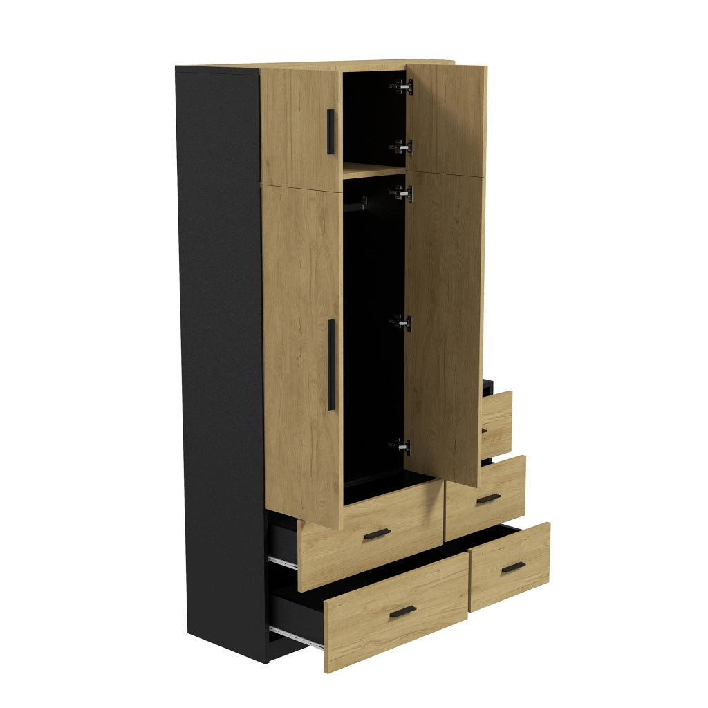 Armadio con barra appendiabiti, 5 cassetti e vani aperti, per camera da letto, naturale e nero, 110 × 40 × 186 cm