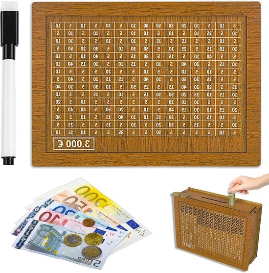 Cassa per la Risparmio Adulto in Legno Retro - Contenitore per Risparmio Riciclabile - Cassa per la Risparmio con Penna e Numeri