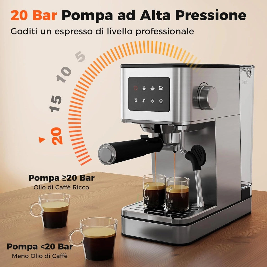 Macchina da caffè Automatica, Schermo a Sfioramento, Macchina per Espresso in Acciaio Inossidabile per Cappuccino Latte Macchiato, 26 x 21 x 28 cm