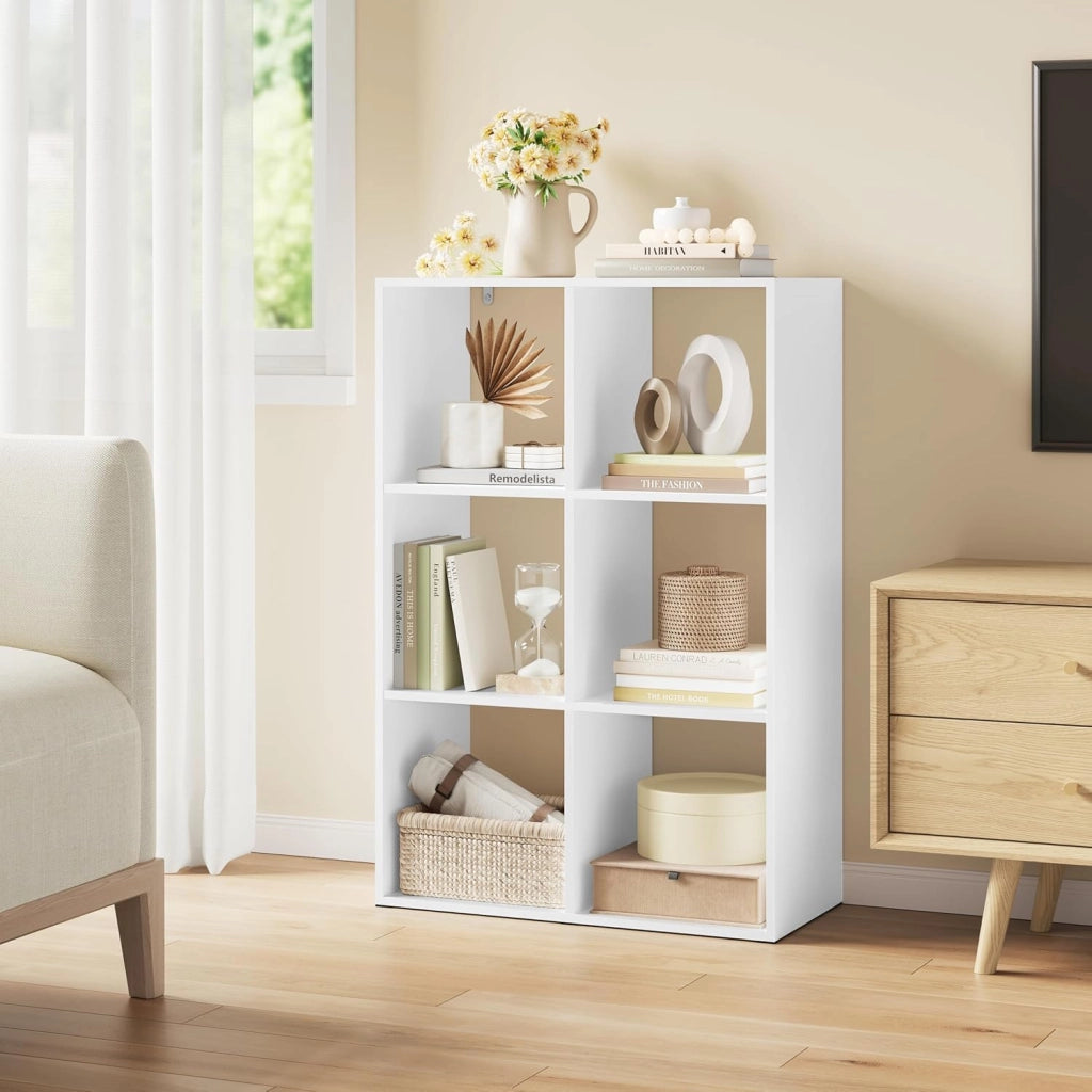 Libreria a 6 Cubi, Scaffale di Stoccaggio a 3 Livelli, Libreria Verticale, Scaffale Divisorio, Mobile di Stoccaggio per Soggiorno/Camera da Letto, Bianco, SK054ws