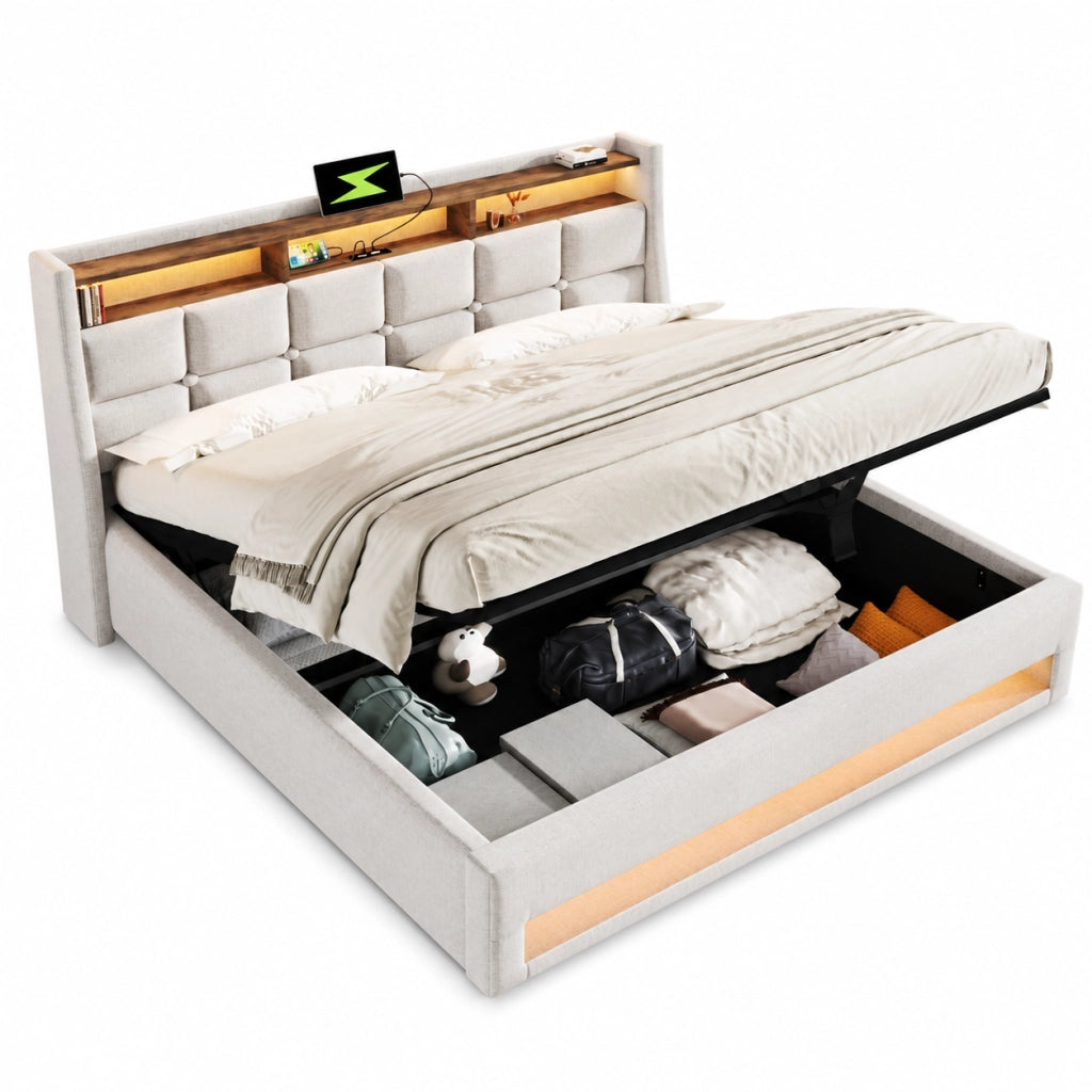 Letti contenitori 180x200 cm; LED e USB; lino; beige chiaro (Senza materasso)