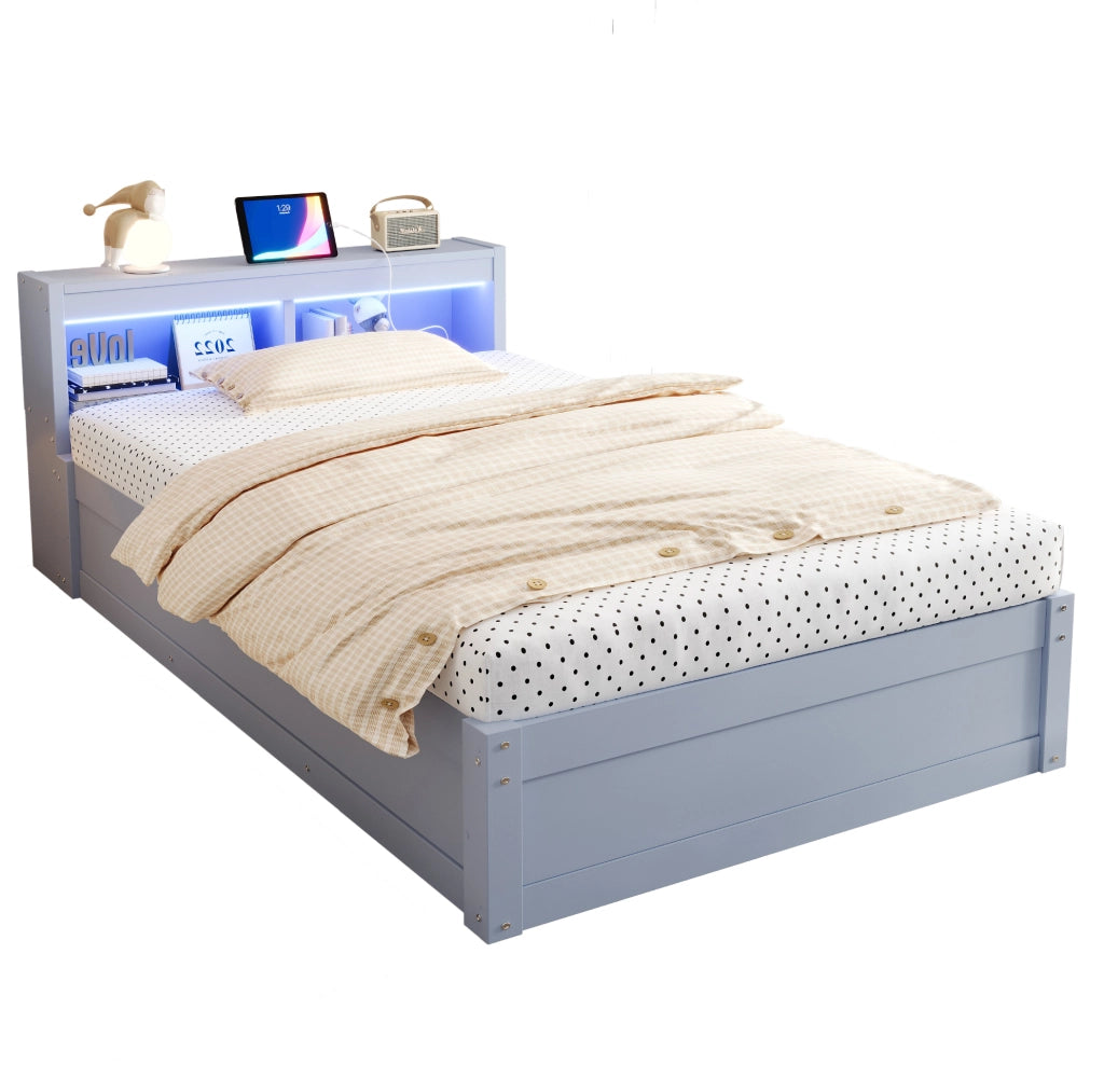 Letto singolo multifunzione 90x200 cm grigio con LED, presa e vano contenitore