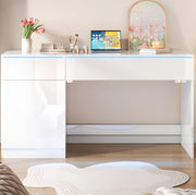 Scrivania moderna lucida con LED 120 x 50 cm; 2 cassetti e anta; bianco