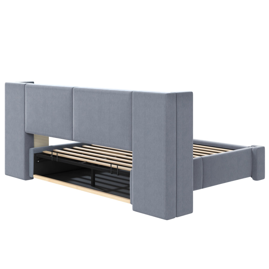 Letto contenitore 140x200 cm imbottito in lino grigio con sollevamento idraulico e LED