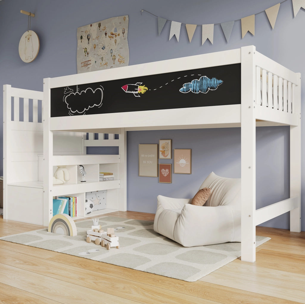 Letto a soppalco 90x200 cm con scala contenitore e lavagna in legno bianco