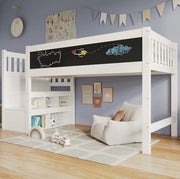 Letto a soppalco 90x200 cm con scala contenitore e lavagna in legno bianco