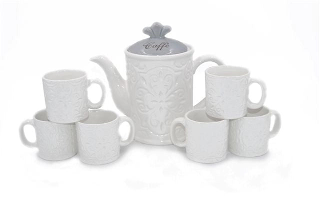 Set 7 Pezzi Caffè The Tè Tazze e Caffettiera in Ceramica Decoro Grigio