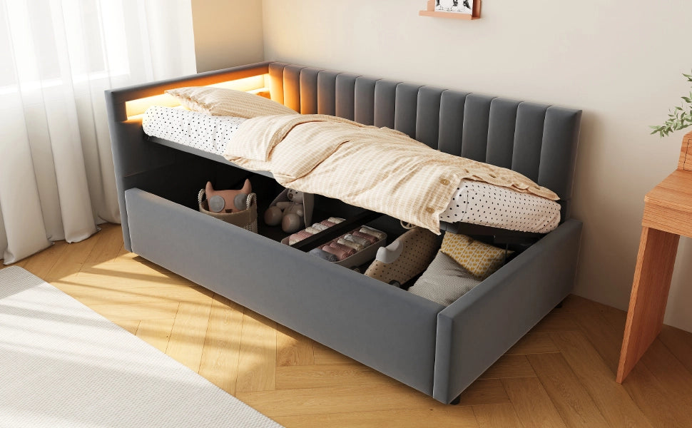 Divano letto imbottito in velluto con LED; contenitore idraulico e testiera reversibile; grigio; 90x200 cm; senza materasso