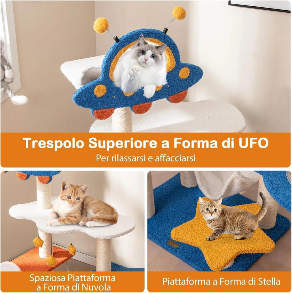 Tiragraffi per Gatti a Tema Spaziale, Albero per Gatti con Piattaforma a UFO e Pali in Sisal, Torre per Animali Domestici Interno (58 x 45 x 124cm)