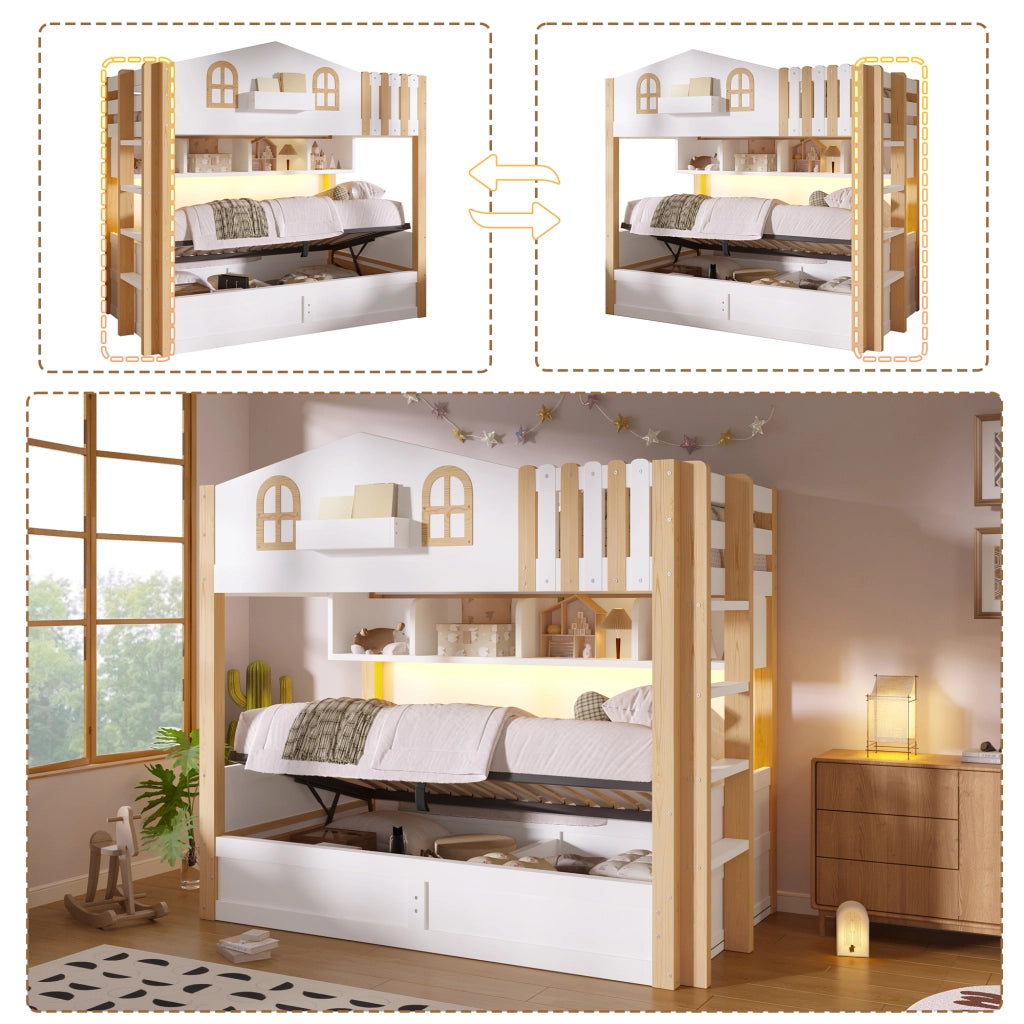 LETTO A CASTELLO 90x200 cm in pino massello e MDF, design casetta, bianco/naturale