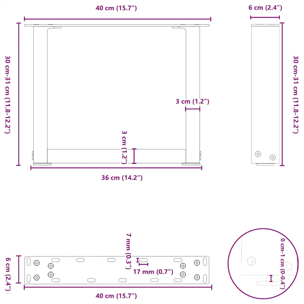 Gambe per Tavolino da Caff¨¨ a Forma di U 2 pz | Piede del tavolo Antracite 40x(30-31) cm Acciaio