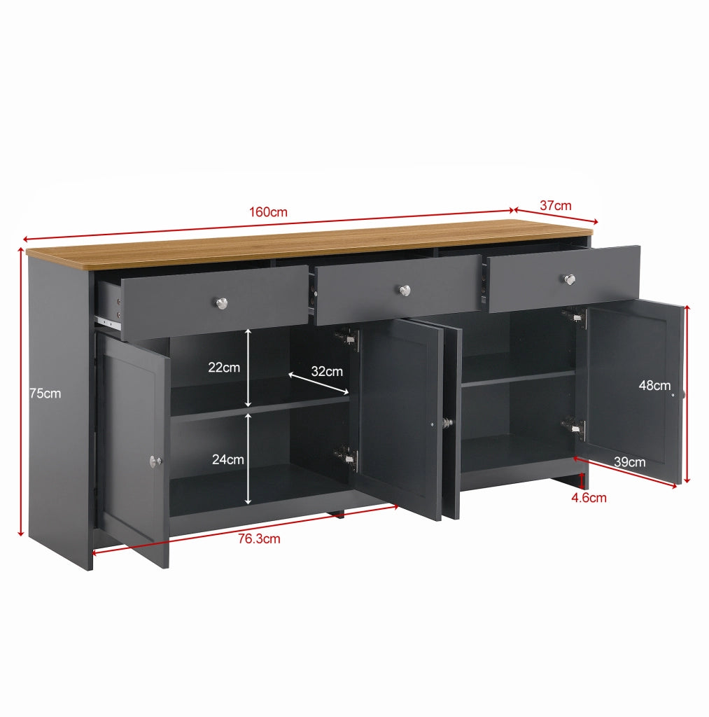Credenza in MDF; 4 ante; 3 cassetti; ripiani regolabili; 160 x 37 x 75 cm; nero e grigio