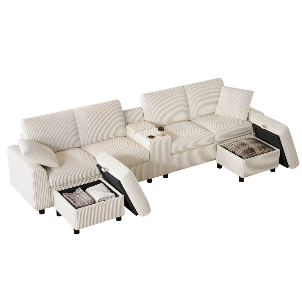 Divano a U in velluto a coste beige con ricarica e 2 pouf