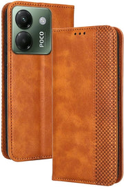 Copriphone per POCO M7 Pro 5G - Chiusura a vite - Pelle in PU di alta qualità - Portamonete RFID bloccante - 2 tasche per carte - Marrone - Design a forma di pieghevole magnetico