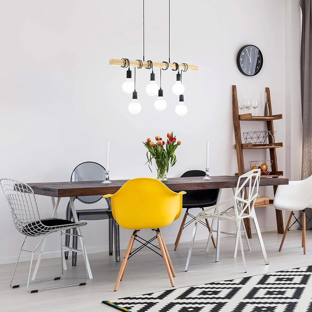 Trade Shop - Lampadario Sospensione Legno Stile Industriale 6 Portalampada E27 Lampada Cucina B47-6 -