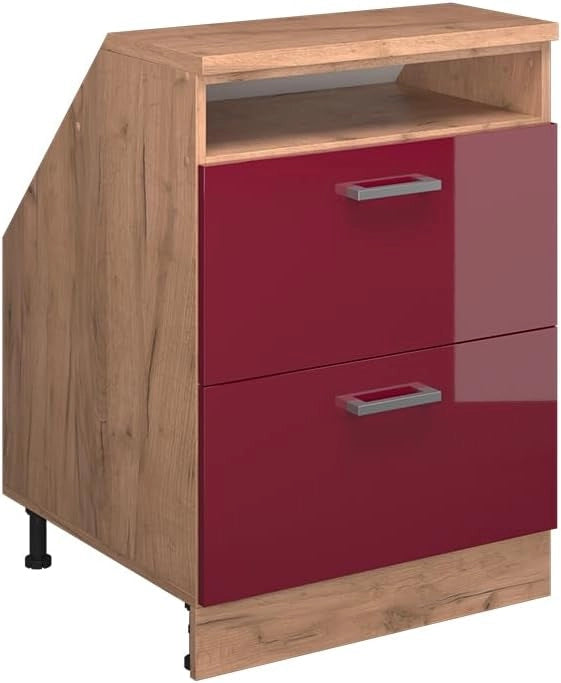 Mobile sottotetto Rion, Rosso lucido, 60 x 81.6 cm con 2 cassetti, carcassa 60 cm profondità, adatto per il salvaspazio sotto tetti spioventi