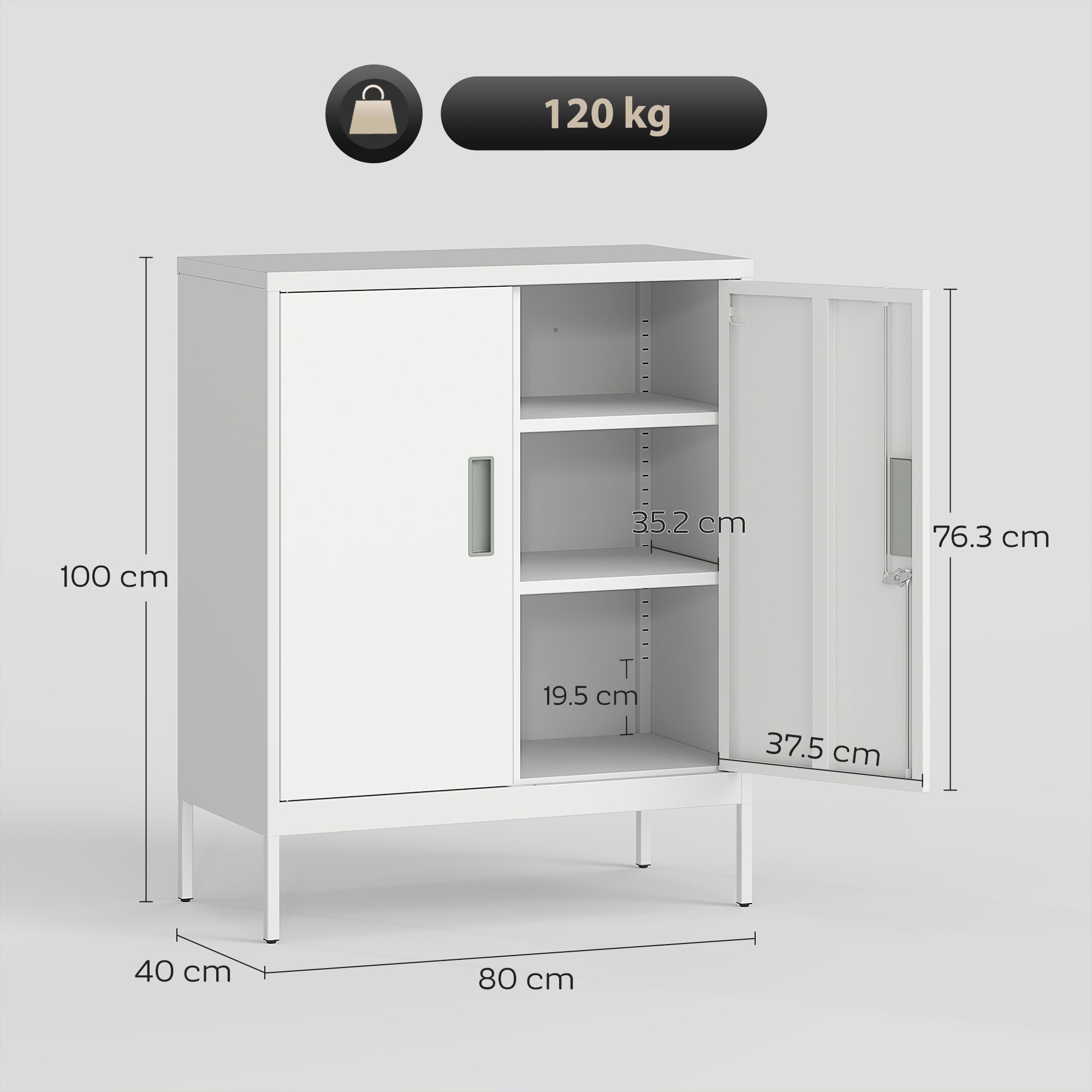 Armadietto da Ufficio 80x40x100 cm a 2 Ripiani Regolabili con Serratura e 2 Chiavi in Acciaio Bianco