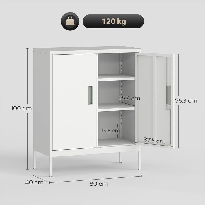 Armadietto da Ufficio 80x40x100 cm a 2 Ripiani Regolabili con Serratura e 2 Chiavi in Acciaio Bianco