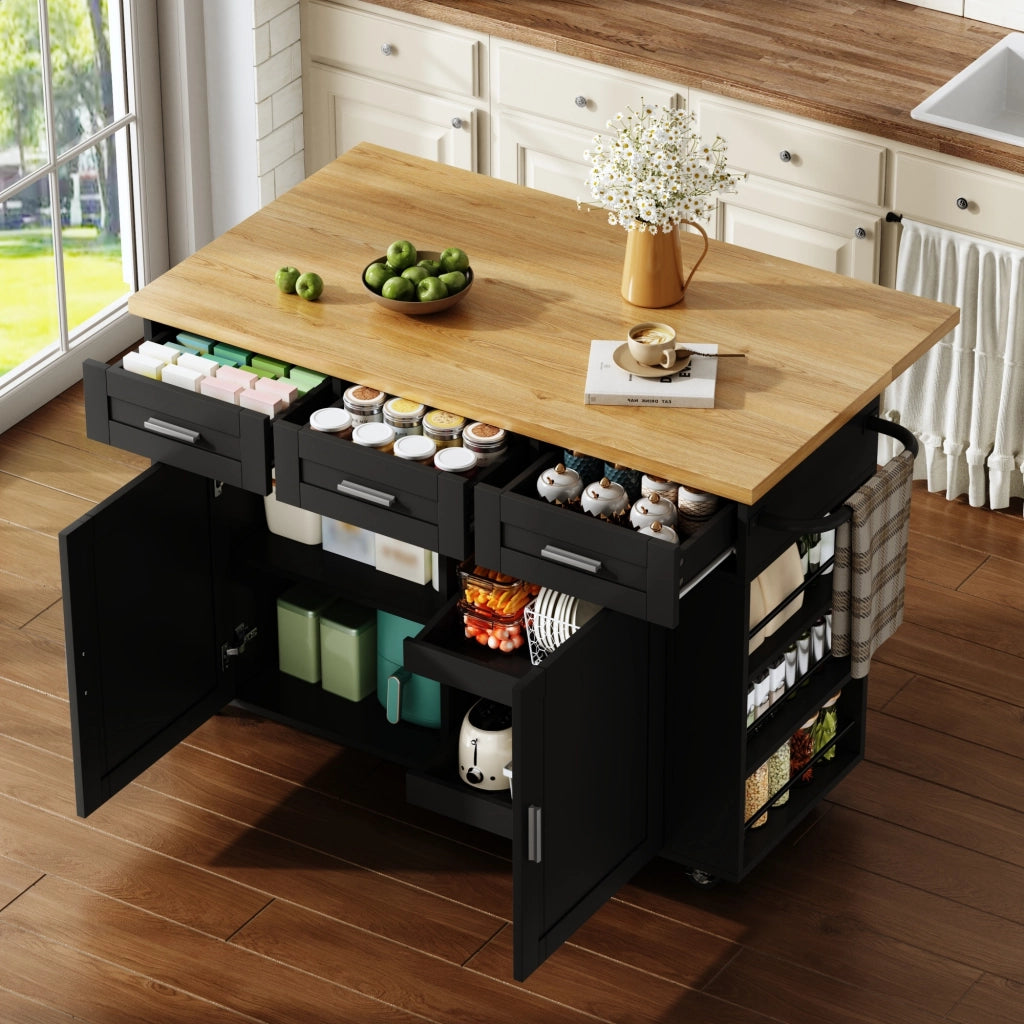 Isola da cucina mobile con piano ribaltabile, organizer estraibili, 3 cassetti, prese integrate e ruote bloccabili, 120 x 45(70) x 84 cm