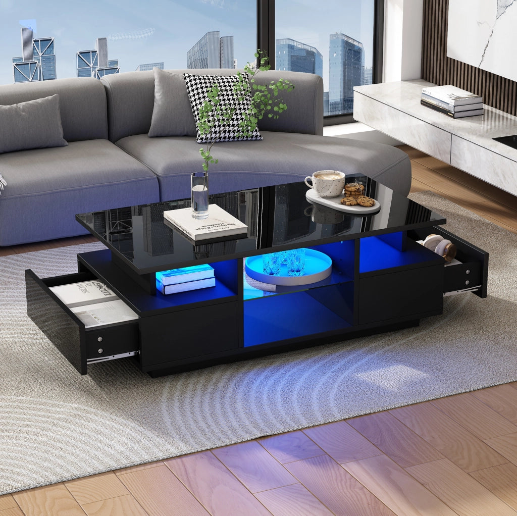 Tavolino da caffè 100x50x36 cm con LED; 2 cassetti e ripiani in vetro; nero lucido