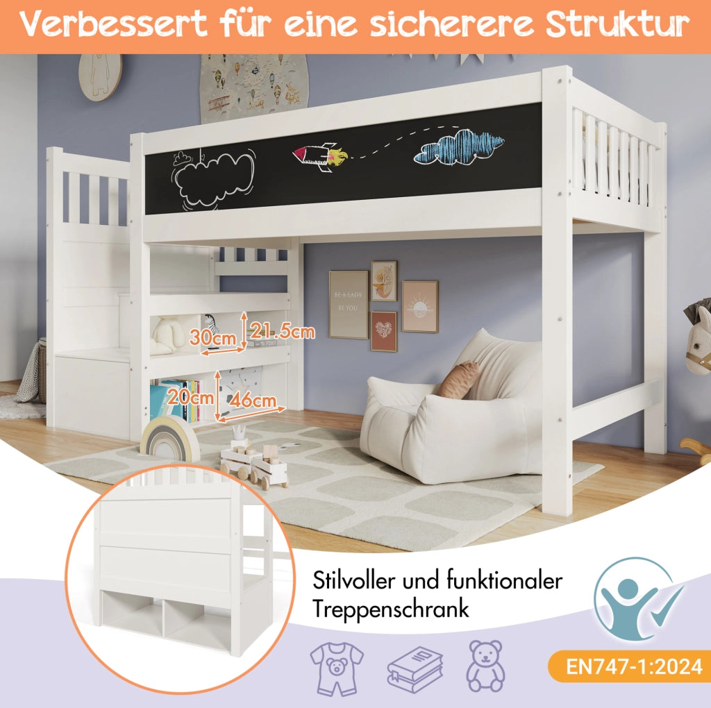 Letto a soppalco per bambini 90x200 cm in MDF e legno massiccio bianco con scala e lavagna