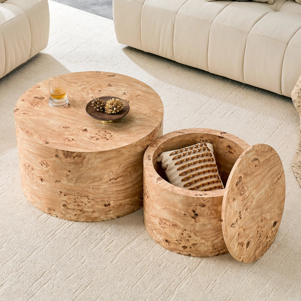 Set di 2 tavolini da caffè rotondi effetto legno con vano contenitore, tavolini nesting in MDF, per soggiorno