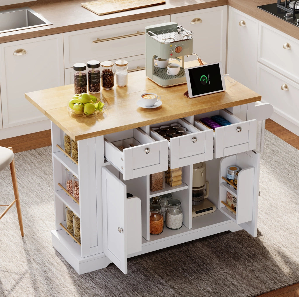 Isola cucina mobile con piano pieghevole e presa USB, 132 cm