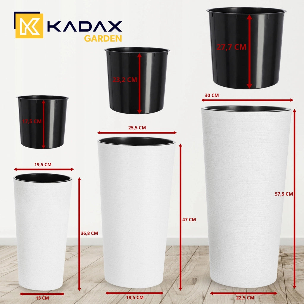 Set di 3 vasi da fiori KADAX, vasi da giardino + inserti, alti, grandi, bianchi, 37+47+57 cm