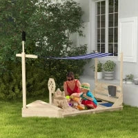 Sabbiera per Bambini 3-7 Anni con Tettuccio e Set da Cucina, in Legno di Abete, 180x103x144.5 cm