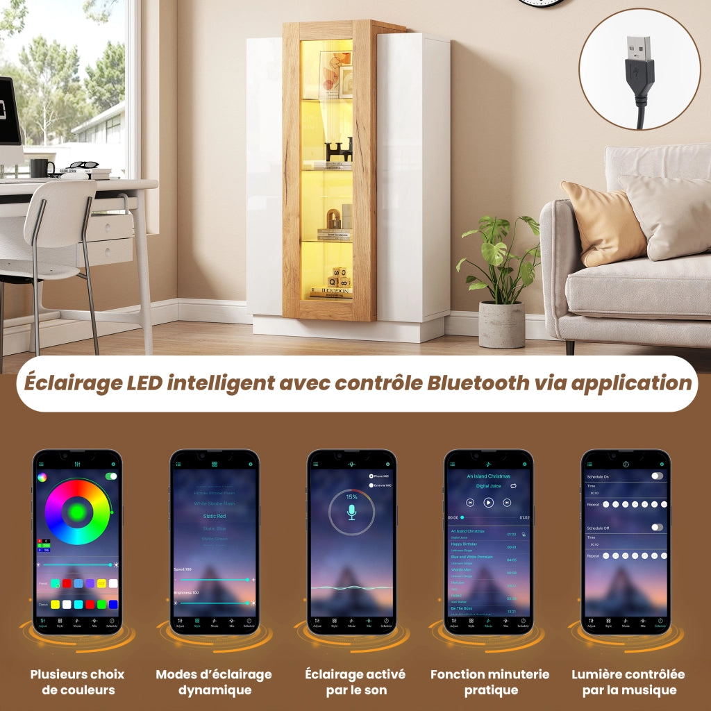 Vetrina; Libreria con 3 Ante; 1 Cassetto e LED; Controllo tramite App; Stile Moderno; in Pannelli di Particelle; Bianco e Legno; 74??40??120 cm