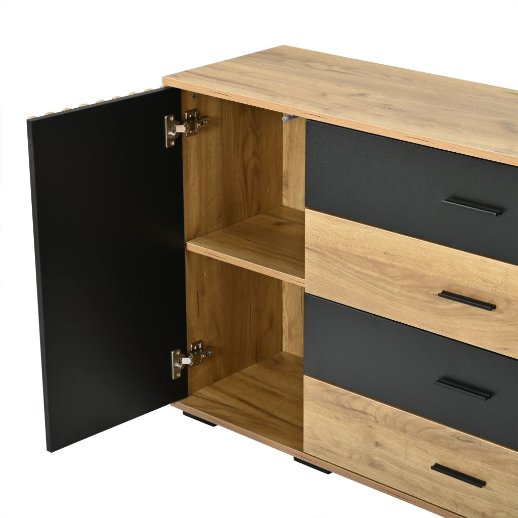 Credenza 140x35x70 cm Mobile Buffet 4 Cassetti e 2 Ante in MDF Rovere e Nero